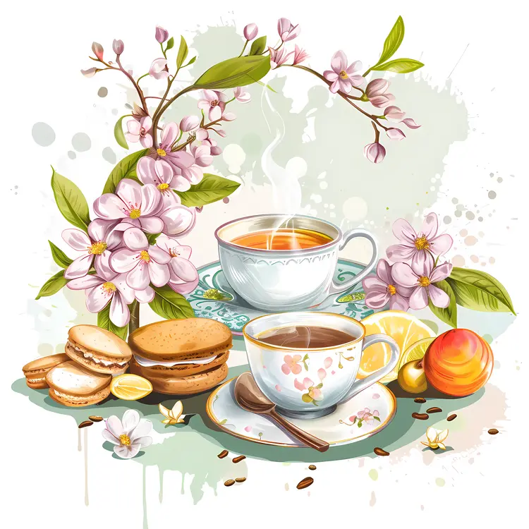 Beautiful Tea Cups with Flowers and Macarons