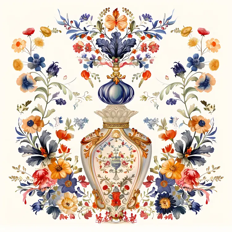 Ornate Perfume Bottle with Floral Design Illustration