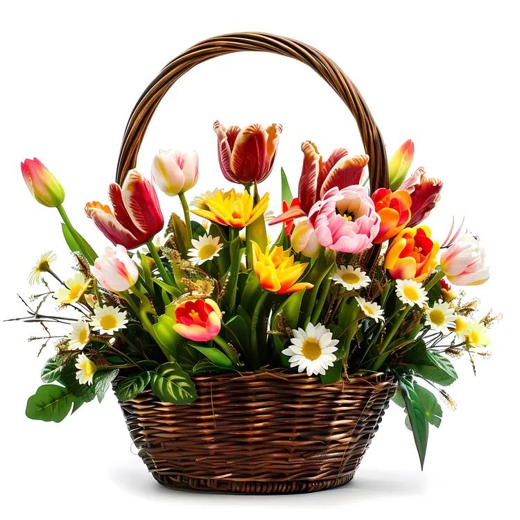 Colorful Basket of Tulips and Daisies