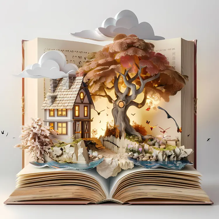 Miniature House and Tree in Open Book