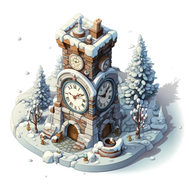 Snowy Clock Tower in Winter Landscape