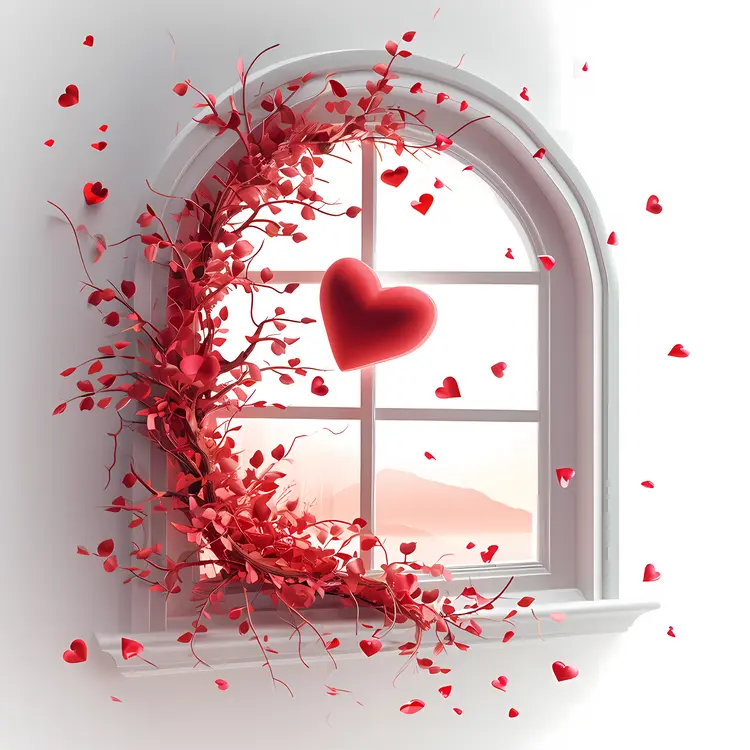 Heart in Window with Red Leaves