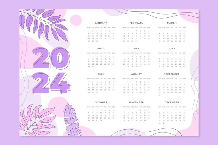 Pastel 2024 Calendar with Leaf Illustrations