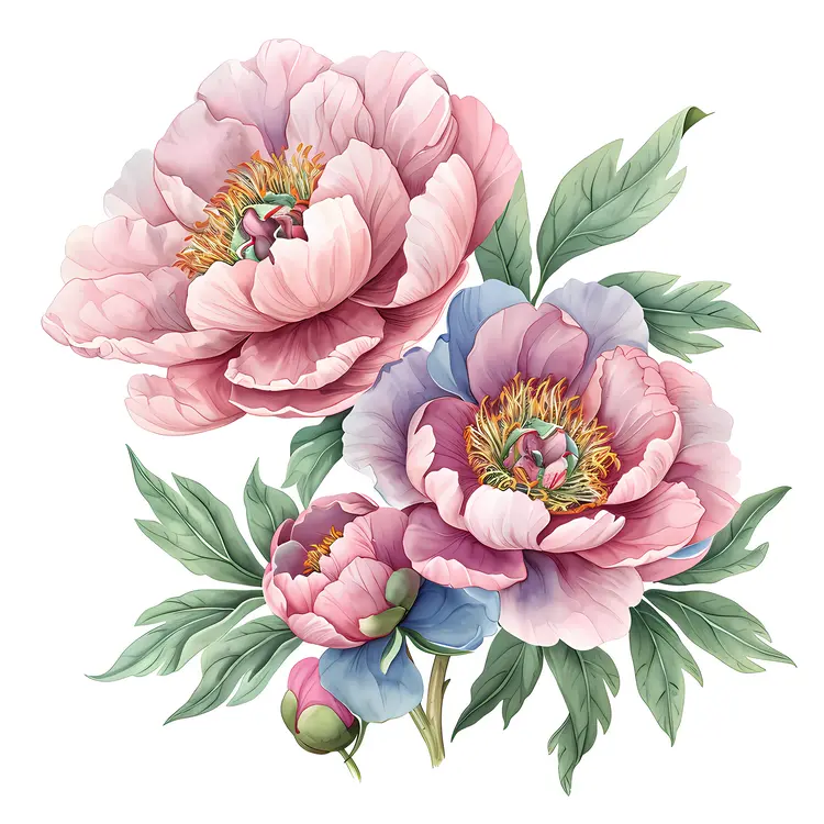 Pink and Blue Peonies with Green Leaves and Buds