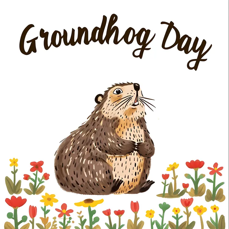 Cute Groundhog with Flowers for Groundhog Day