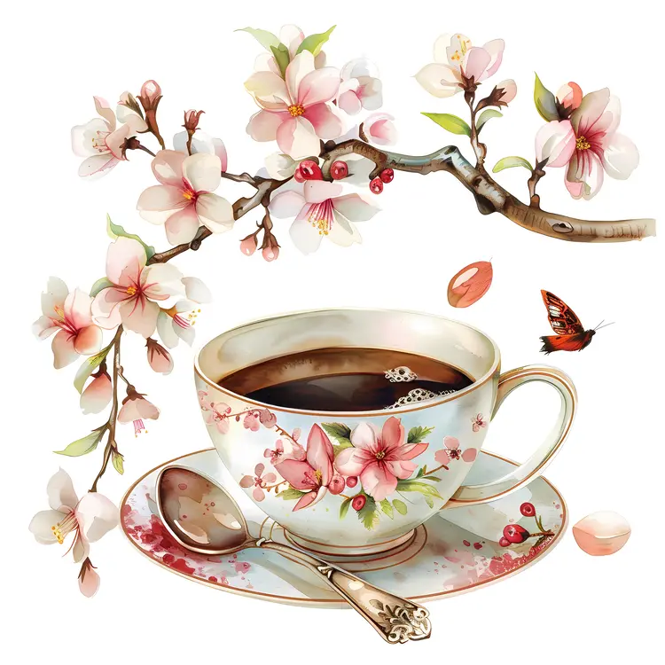 Elegant coffee cup with cherry blossoms