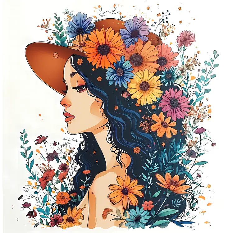 Woman with Floral Hat in Profile View