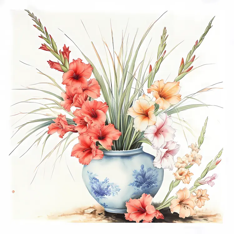 Pastel Gladiolus Flowers in a Blue Vase