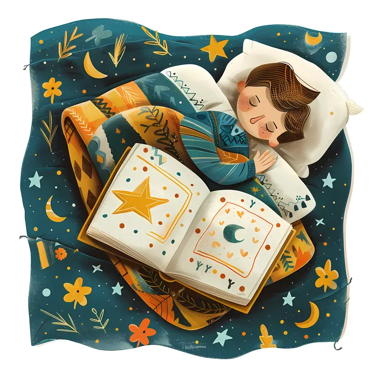 Boy Reading Book in Bed with Starry Blanket