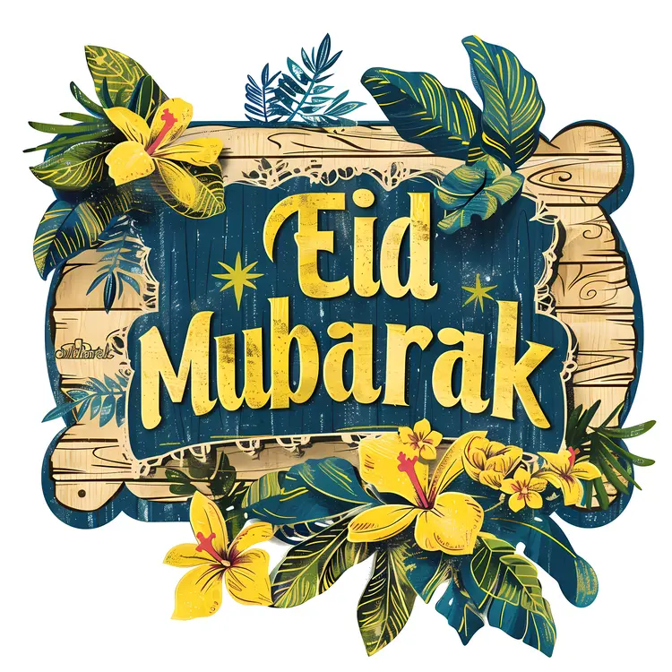 Eid Mubarak Sign with Flowers and Wooden Background