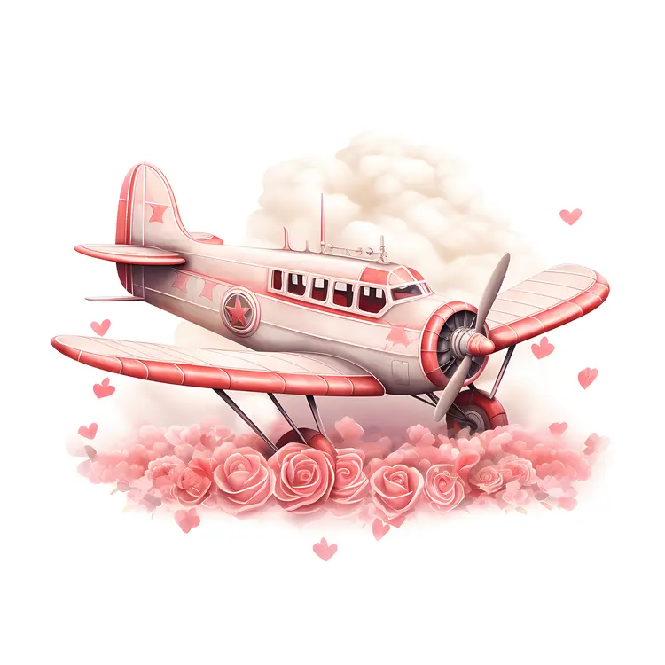 Romantic Pink Airplane with Roses and Hearts