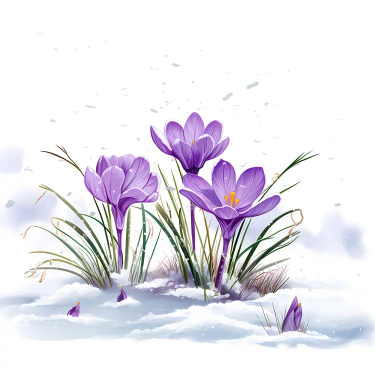 Purple Crocuses in Snowy Landscape