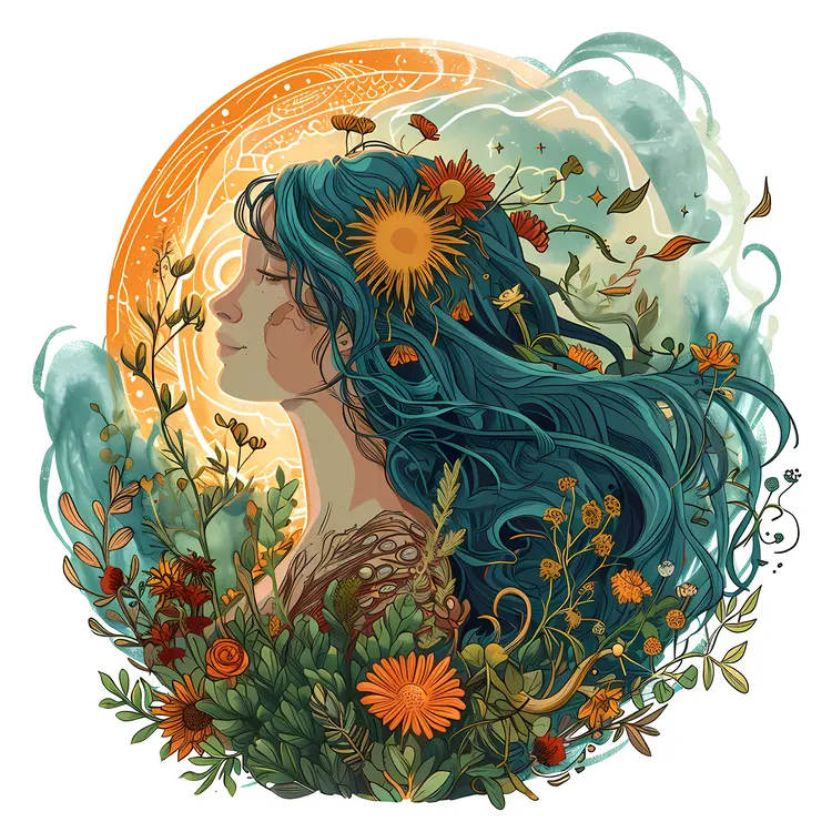 Woman with Flowers and Sun