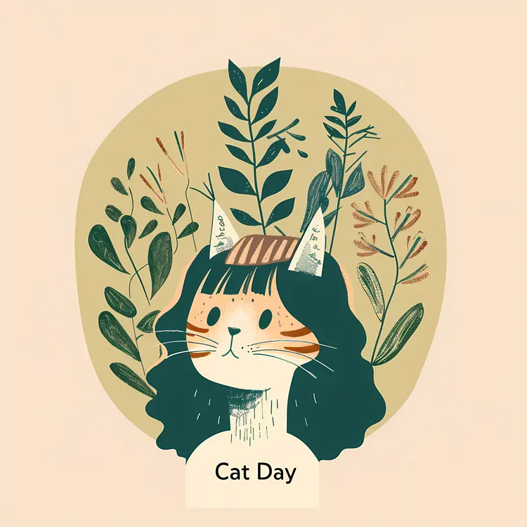 Cat with Plants and Girl Illustration
