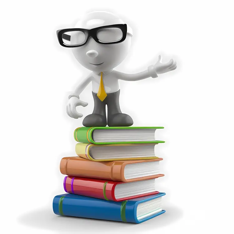 White Cartoon Figure with Glasses Standing on Books