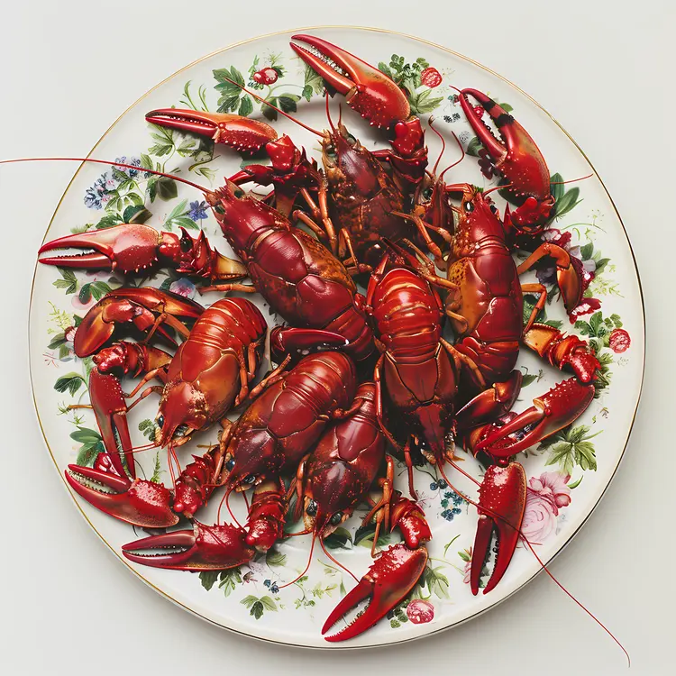 Cooked Crawfish on Floral Plate