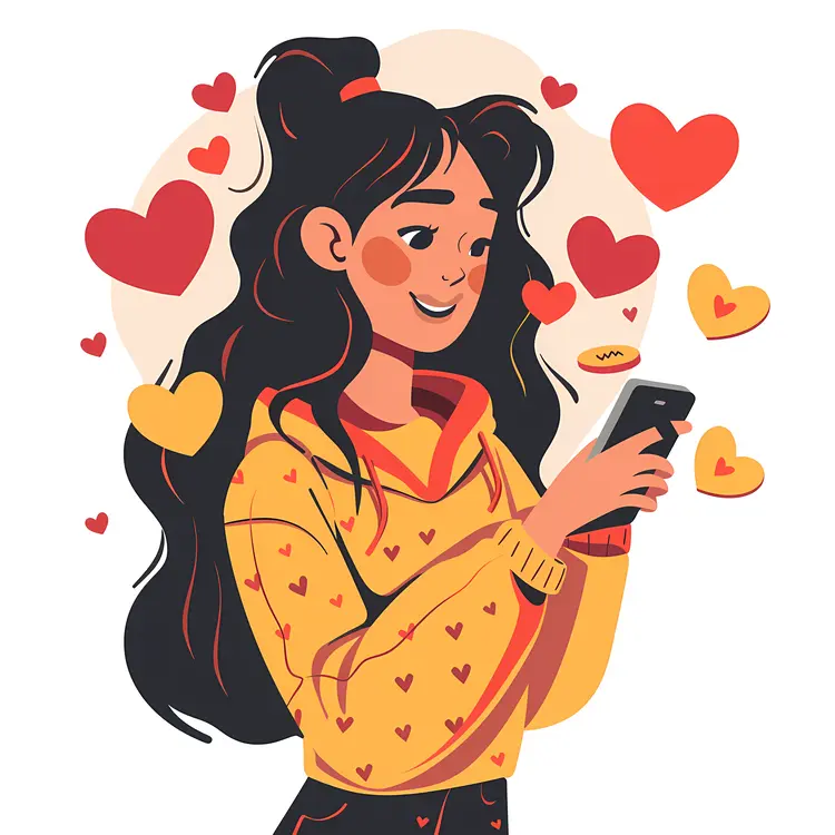 Cartoon Girl with Phone and Hearts