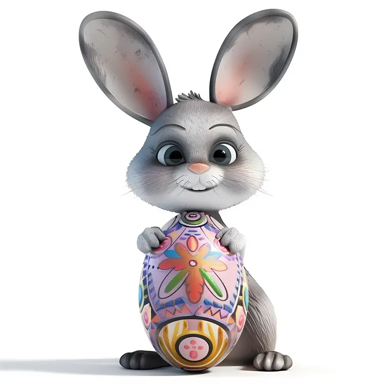 Gray Bunny Holding Decorated Easter Egg