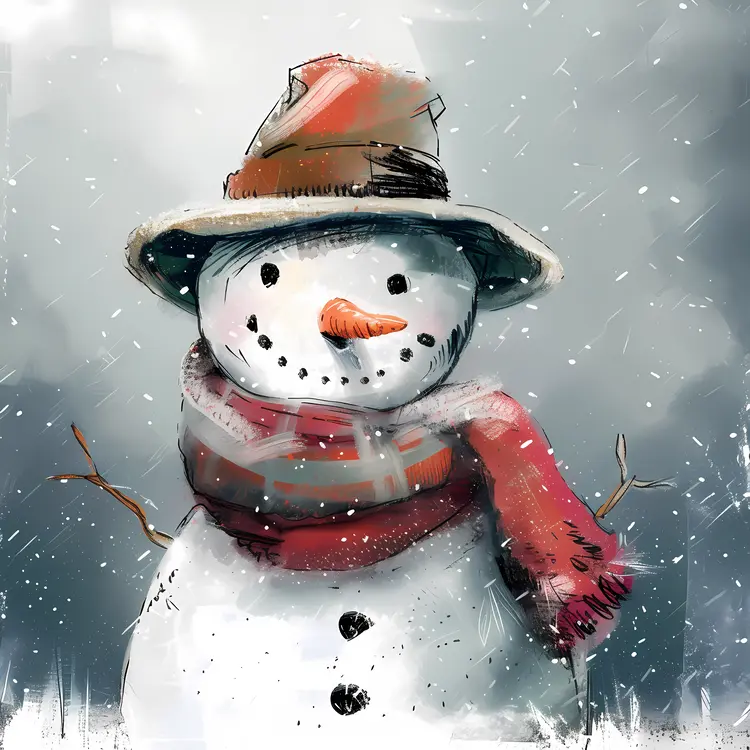 Snowman with Hat and Scarf in Winter Wonderland