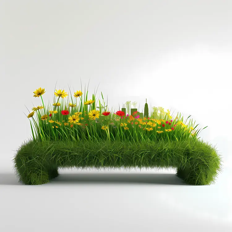 Grass Bench with Flowers and Cityscape