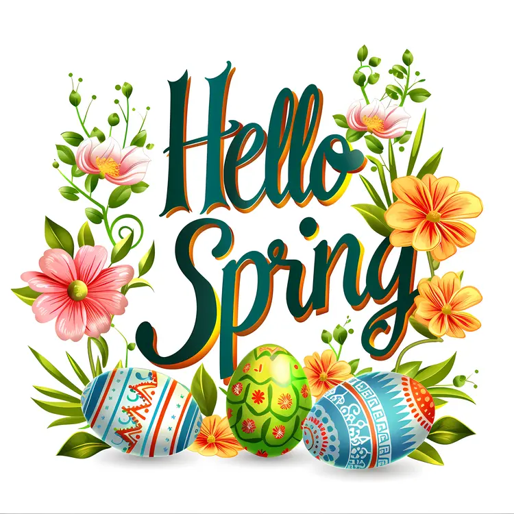 Hello Spring with Flowers and Decorated Eggs