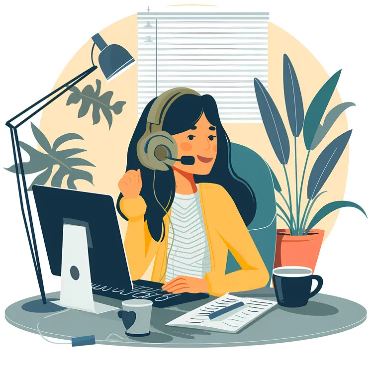 Woman Working at Desk with Headset