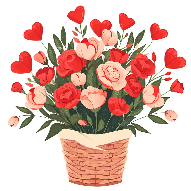 Basket of Red and Pink Flowers with Hearts