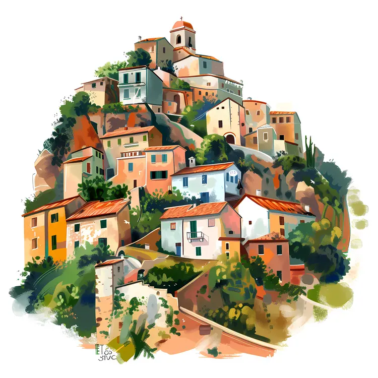 Colorful Doodle Houses on a Hill