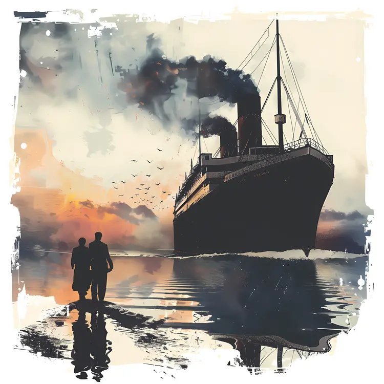 Large Ship at Sunset with Two People