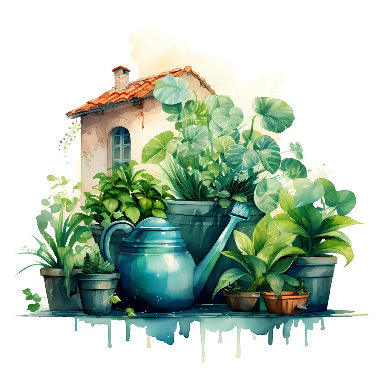 Watering Can and Pots with Plants Illustration
