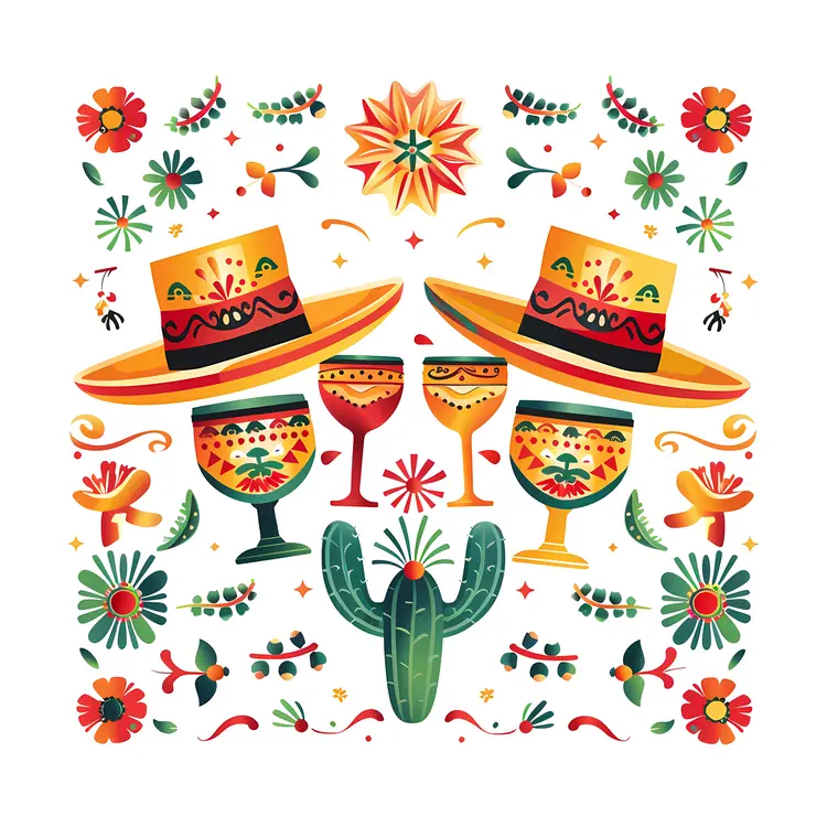 Colorful Sombrero and Glasses with Floral Decorations