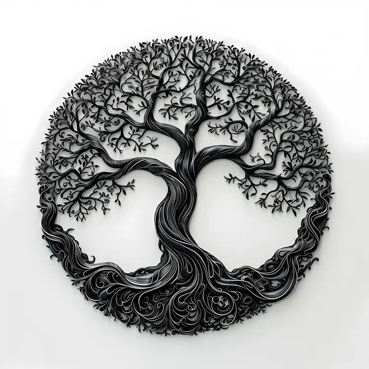 Black Tree with Intricate Branches and Leaves in a Circle