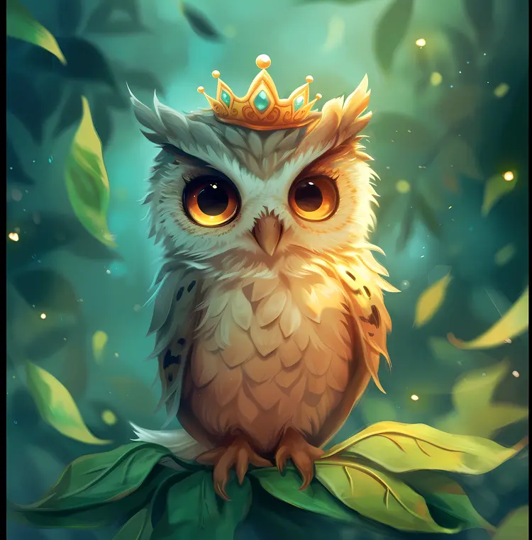 Owl with Crown in Leafy Setting