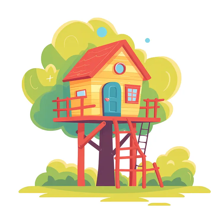 Adorable Yellow Treehouse with Stairs and Green Trees