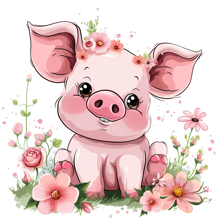 Smiling Piglet with Floral Crown