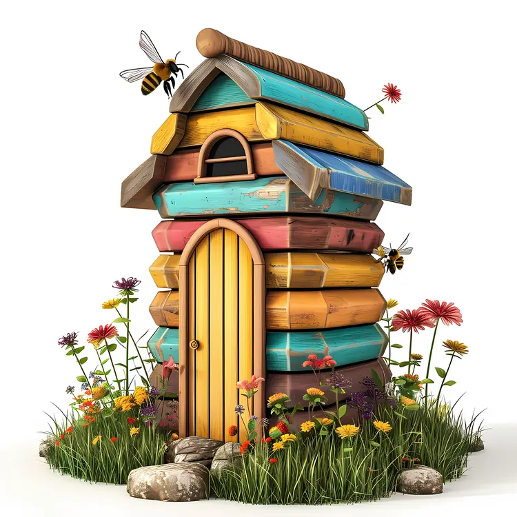 Colorful Beehive with Bees and Flowers