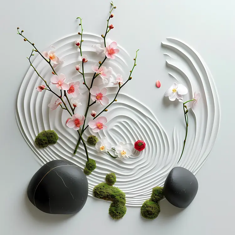Artistic Pink Blossoms with Rocks and Moss