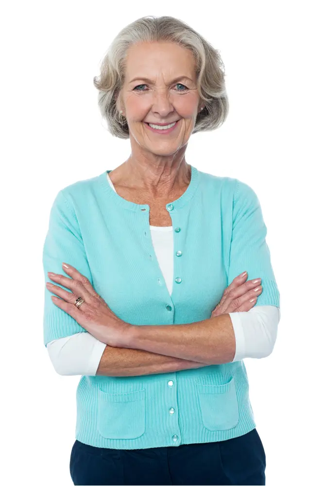 Smiling Elderly Woman in Blue Cardigan