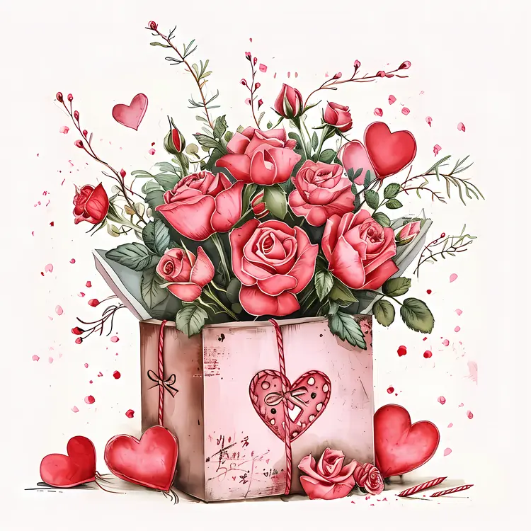Box of Roses with Hearts and Leaves