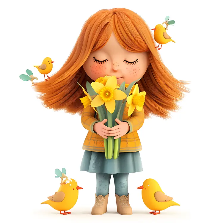 Girl Holding Daffodils with Birds Illustration