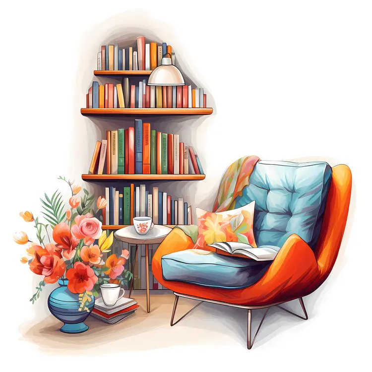 Cozy Reading Nook with Bookshelf and Armchair