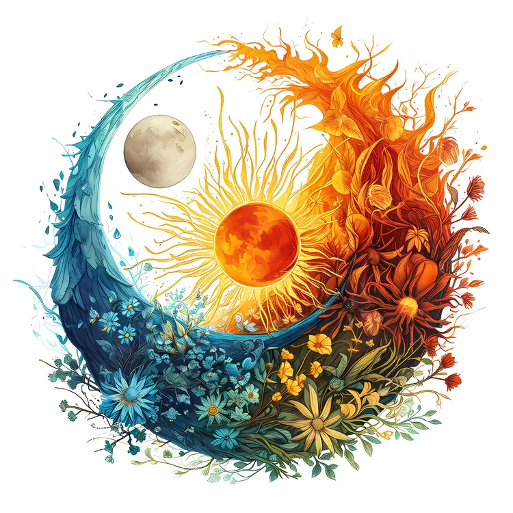 Abstract Art with Sun and Moon