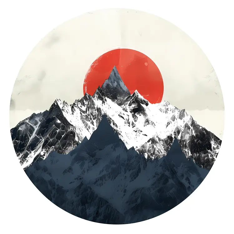 Mountain Peaks with Red Sun Illustration