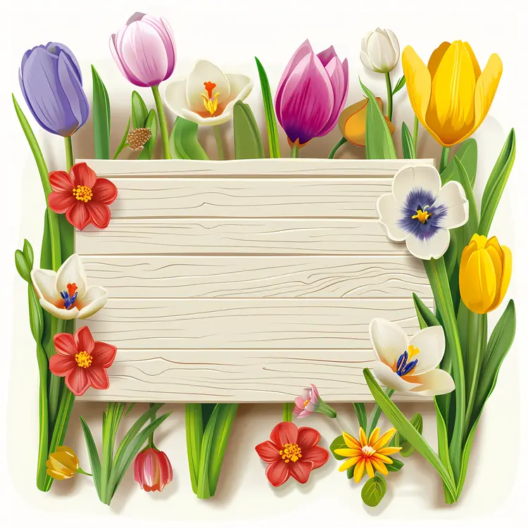 Wooden Board with Colorful Tulips