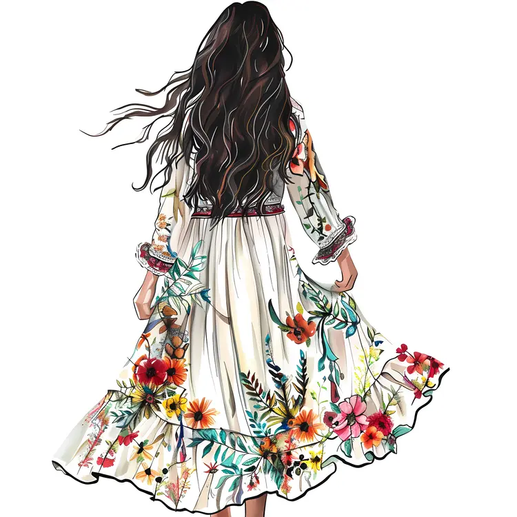 Bohemian Floral Dress with Long Hair