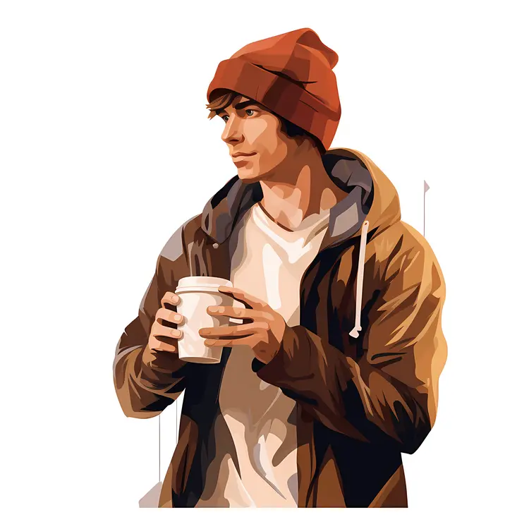 Man in Beanie Holding a Coffee Cup