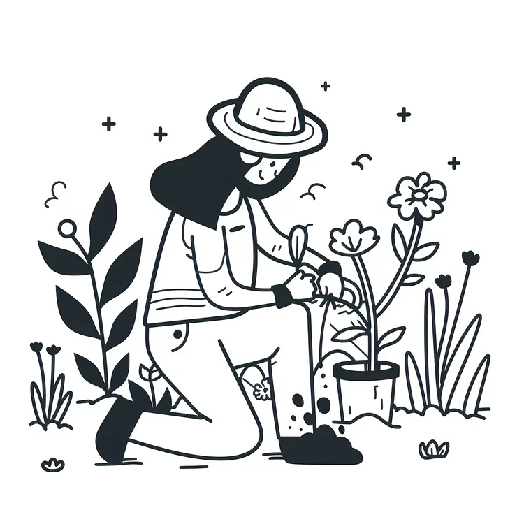 Black and White Gardener Planting Flowers