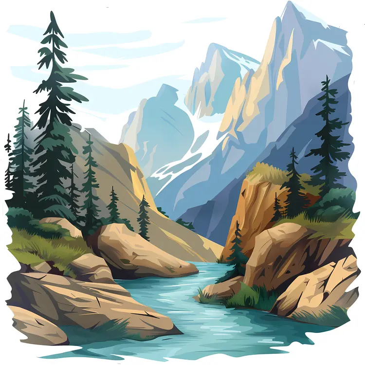 Mountain Landscape with River and Trees