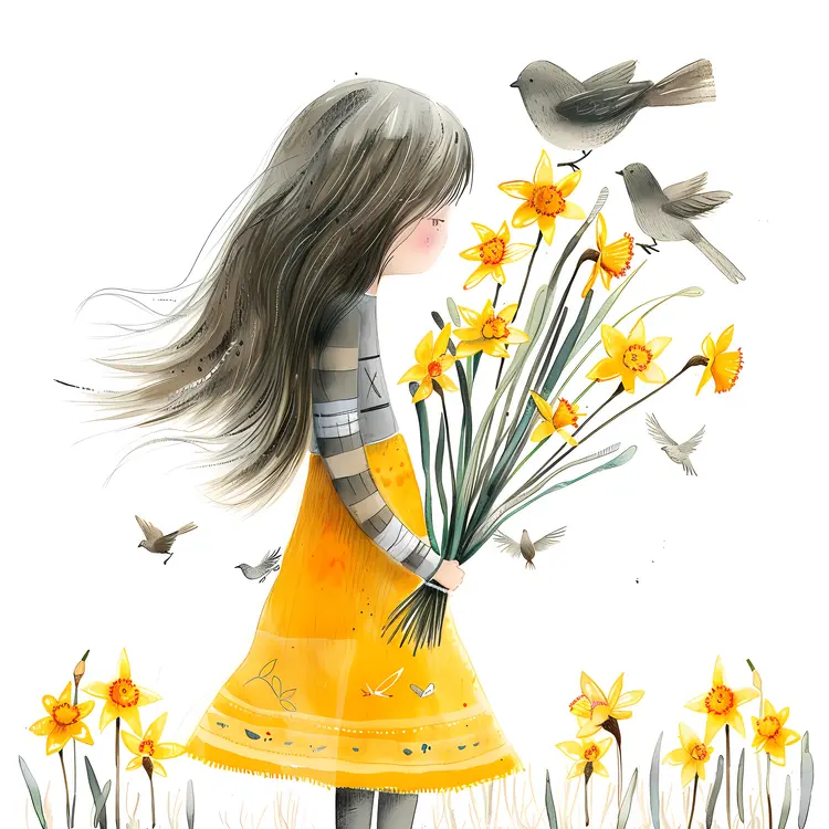 Girl Holding Daffodils with Birds