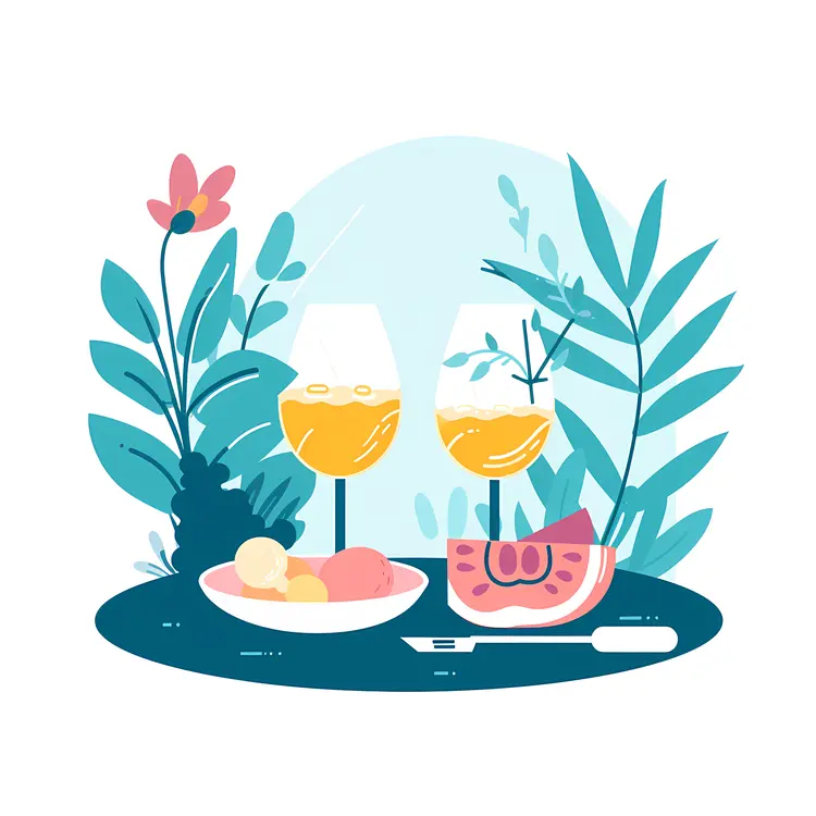Wine and Fruit with Plants and Glasses